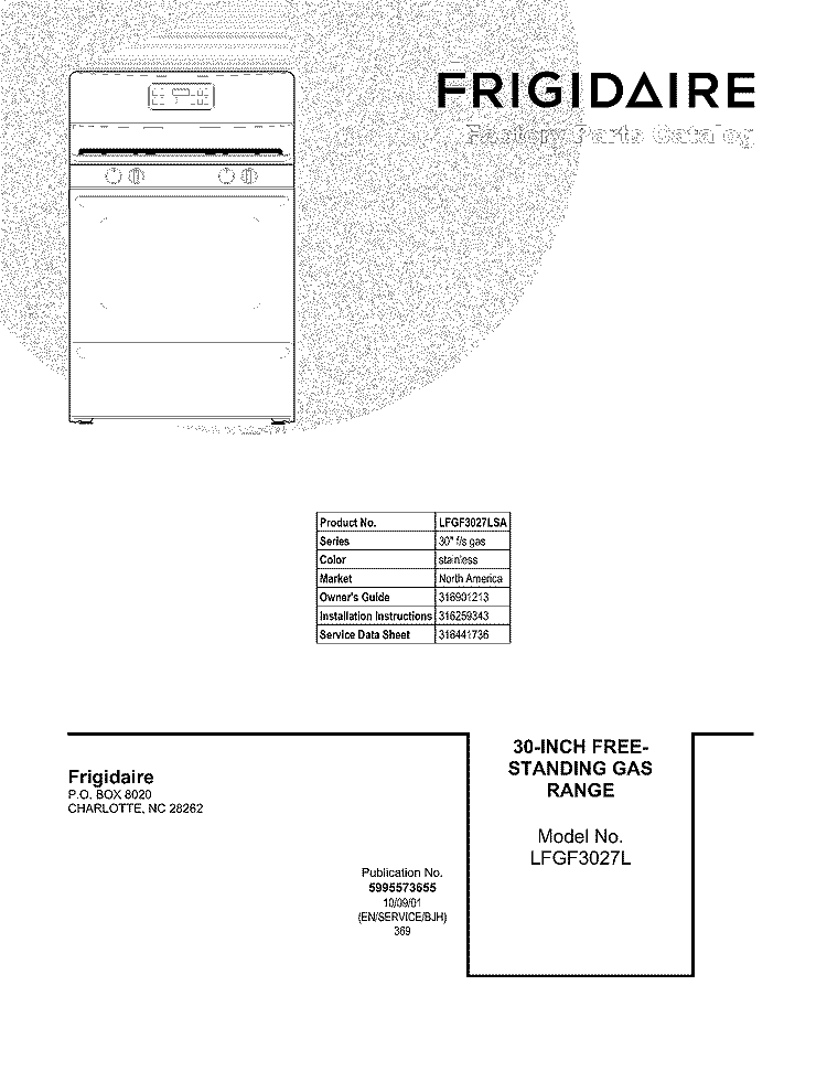 COVER Diagram and Parts List for LFGF3027LSA  Frigidaire Range