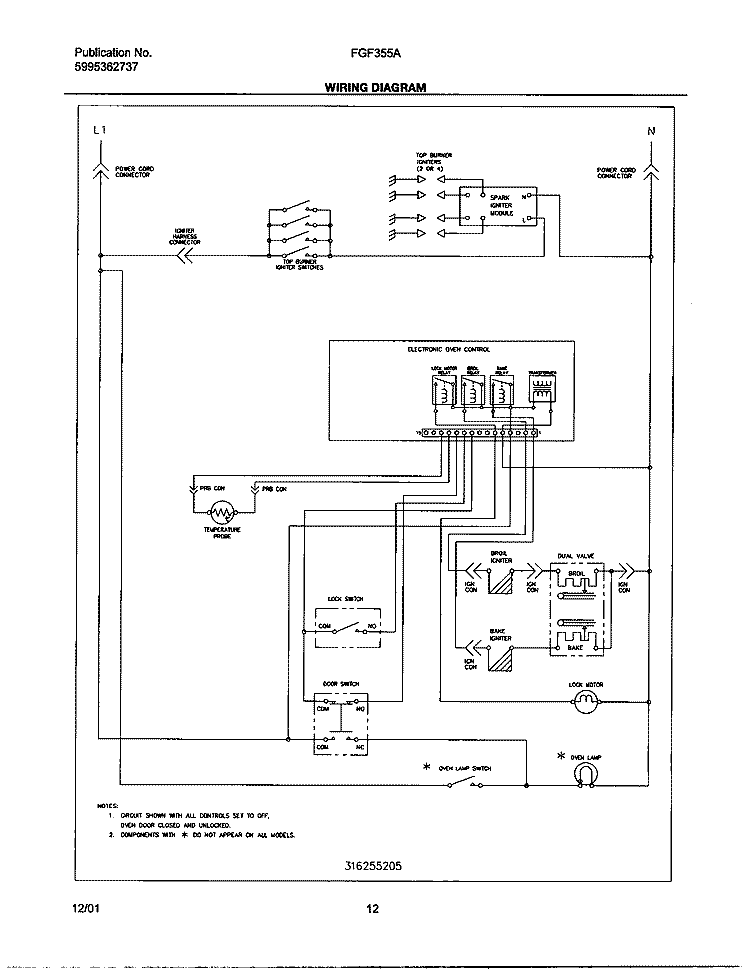WIRING DIAGRAM Diagram and Parts List for FGF355ASB  Frigidaire Range