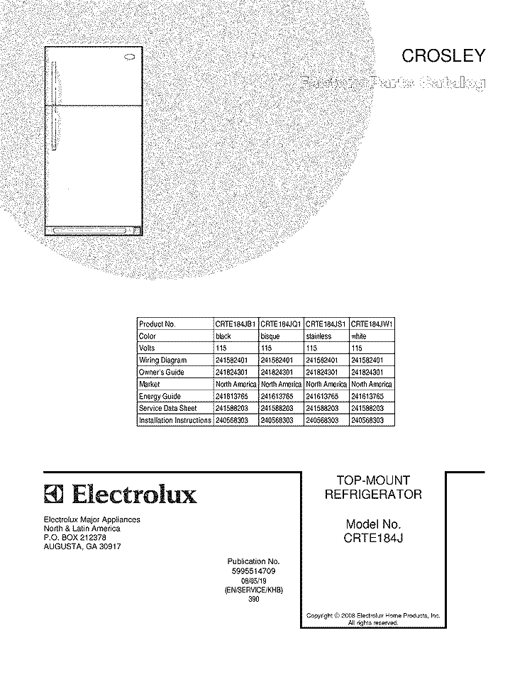 COVER Diagram and Parts List for CRTE184JS1  Crosley Refrigerator