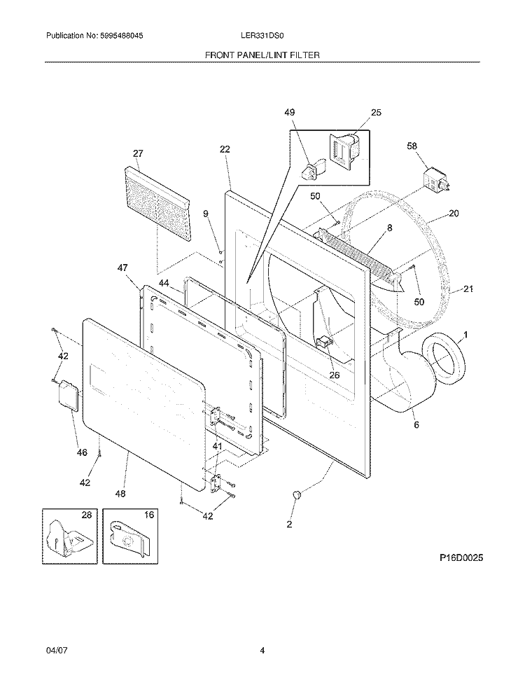 FRONT PANEL / LINT FILTER Diagram and Parts List for LER331DS0  Frigidaire Dryer