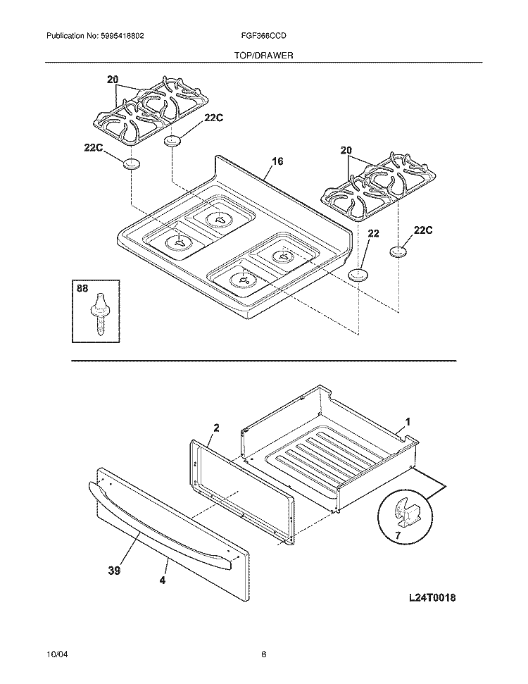 TOP / DRAWER Diagram and Parts List for FGF366CCD  Frigidaire Range