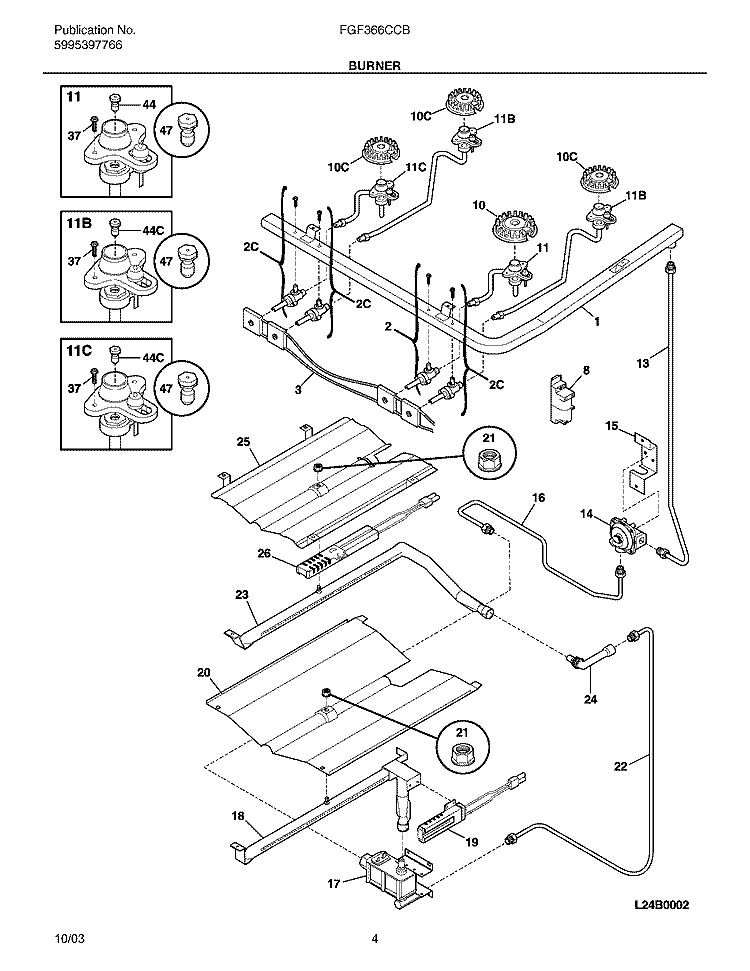 BURNER Diagram and Parts List for FGF366CCB  Frigidaire Range
