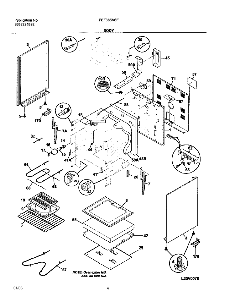 BODY Diagram and Parts List for FEF365ASF  Frigidaire Range