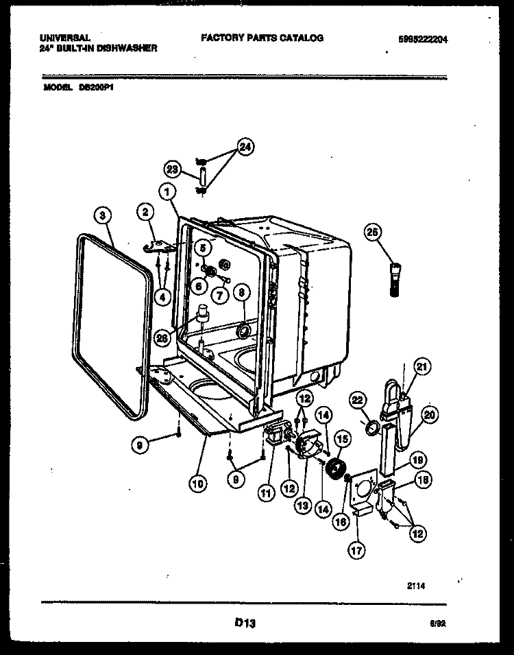 TUB AND FRAME PARTS Diagram and Parts List for DB200PW1  Frigidaire Dishwasher