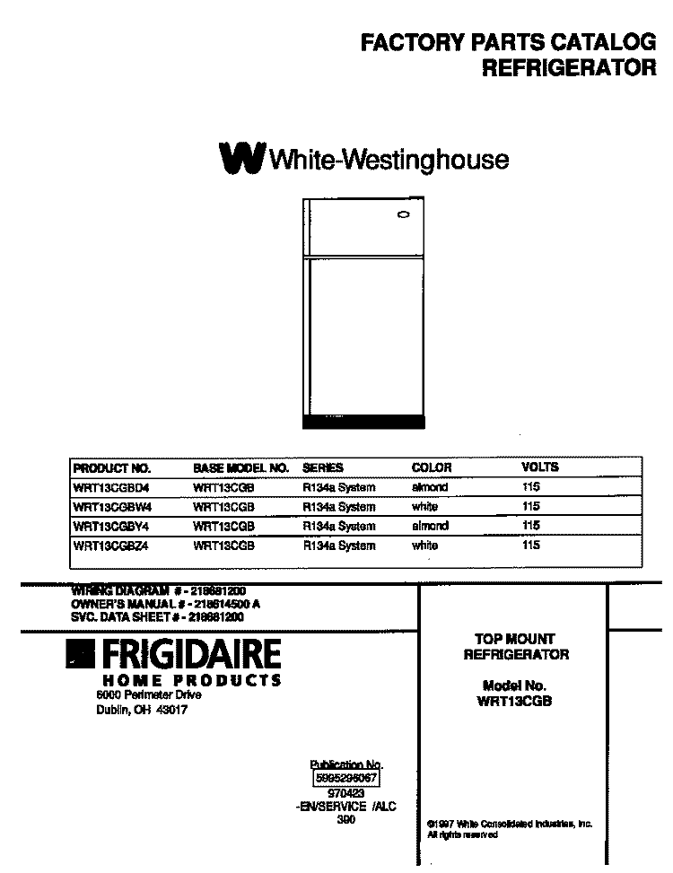 COVER Diagram and Parts List for WRT13CGBD4  Frigidaire Refrigerator
