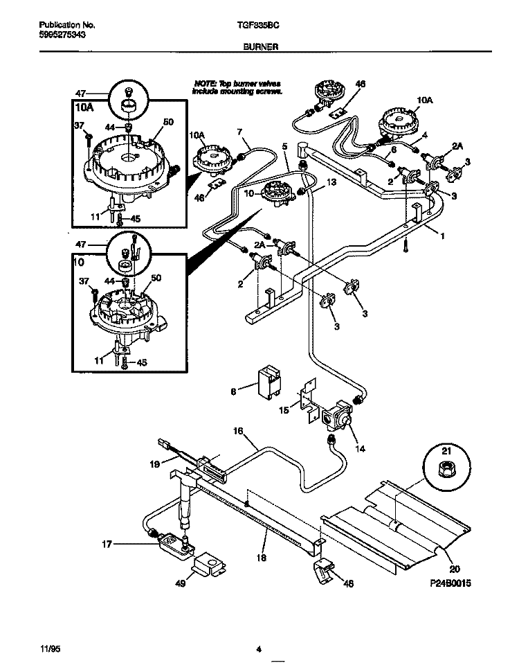 BURNER Diagram and Parts List for TGF335BCWB  Tappan Range