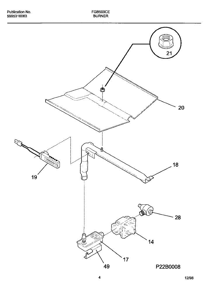 BURNER Diagram and Parts List for FGB500CESI  Frigidaire Wall Oven