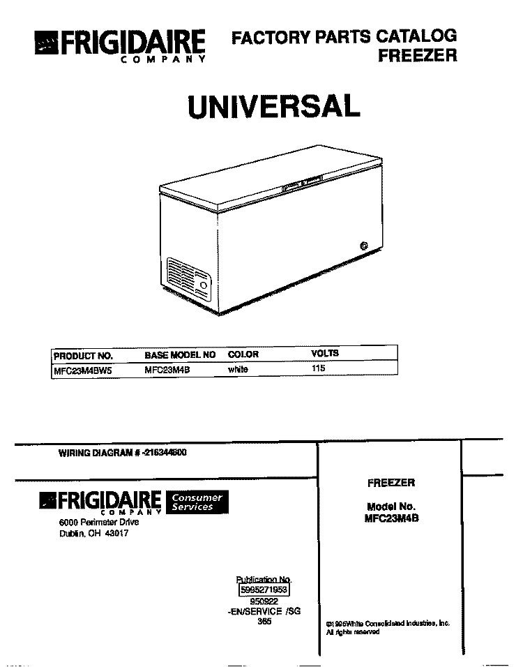 COVER Diagram and Parts List for MFC23M4BW5  Frigidaire Freezer