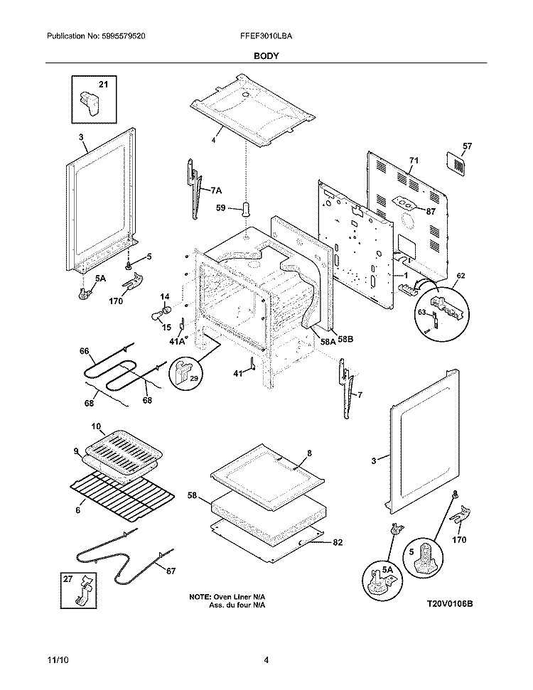 BODY Diagram and Parts List for FFEF3010LBA  Frigidaire Range