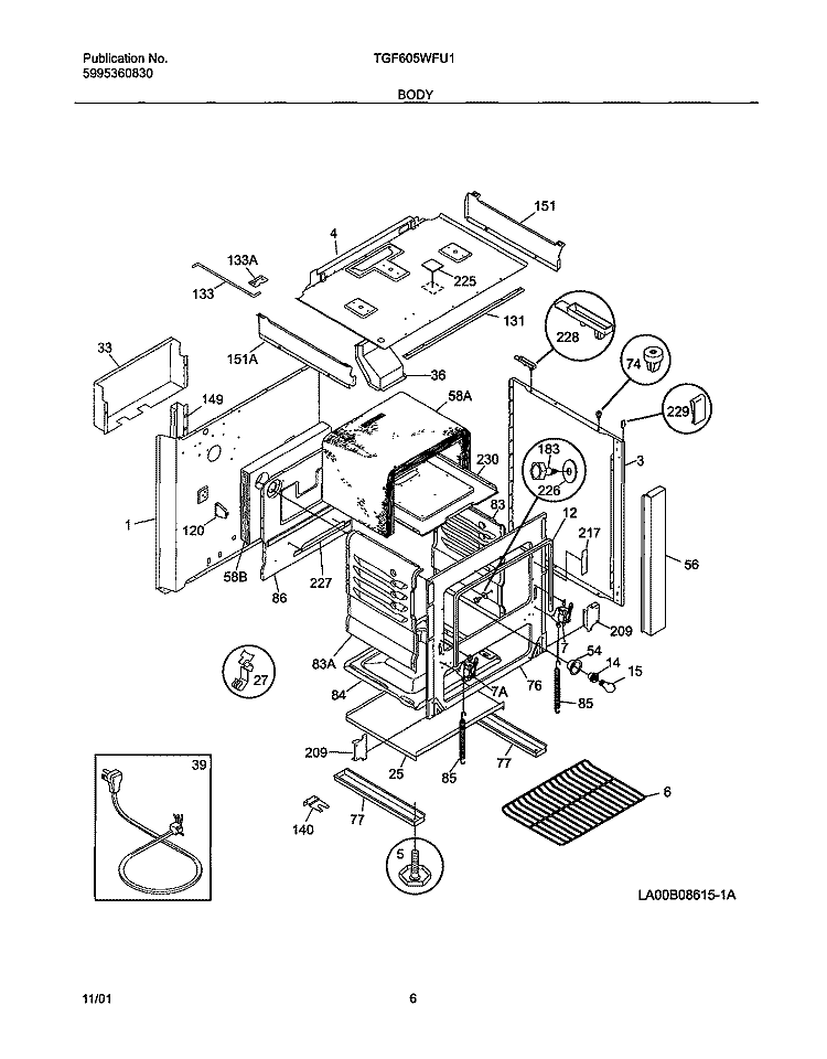 BODY Diagram and Parts List for TGF605WFU1  Tappan Range