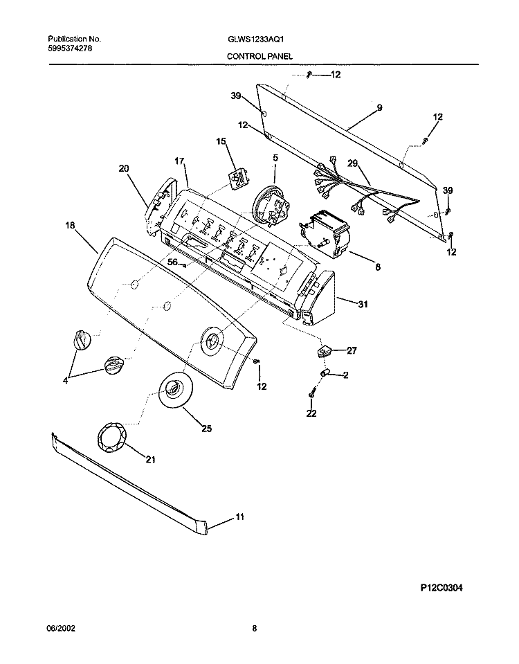 CONTROL PANEL Diagram and Parts List for GLWS1233AQ1  Frigidaire Washer