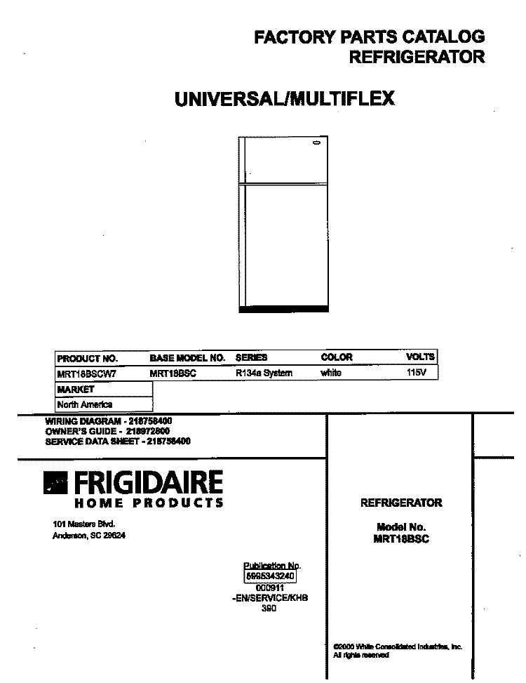 COVER Diagram and Parts List for MRT18BSCW7  Frigidaire Refrigerator
