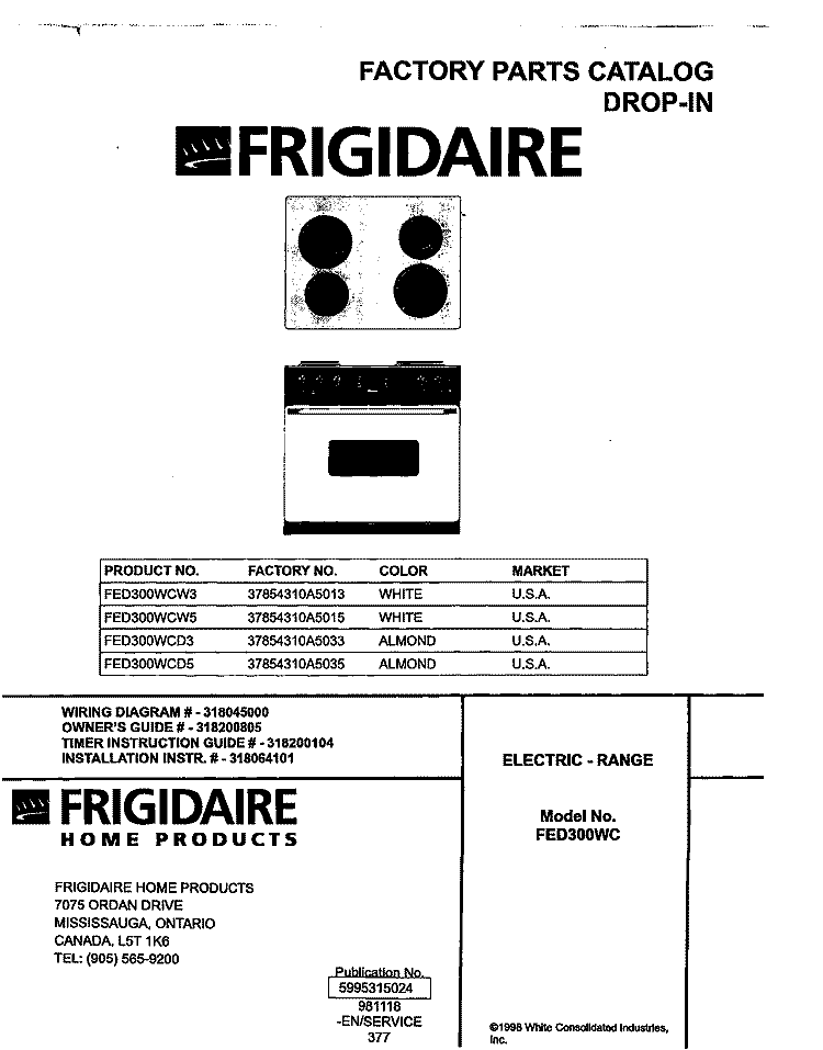 COVER Diagram and Parts List for FED300WCW5  Frigidaire Range