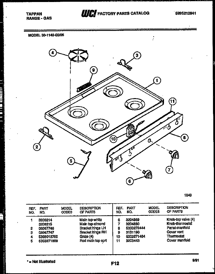 COOKTOP PARTS Diagram and Parts List for 30-1149-00-05  Tappan Range