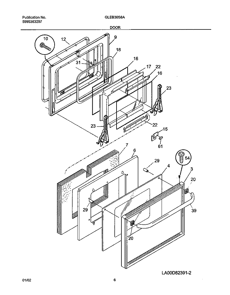 DOOR Diagram and Parts List for GLEB30S8ABA  Frigidaire Wall Oven