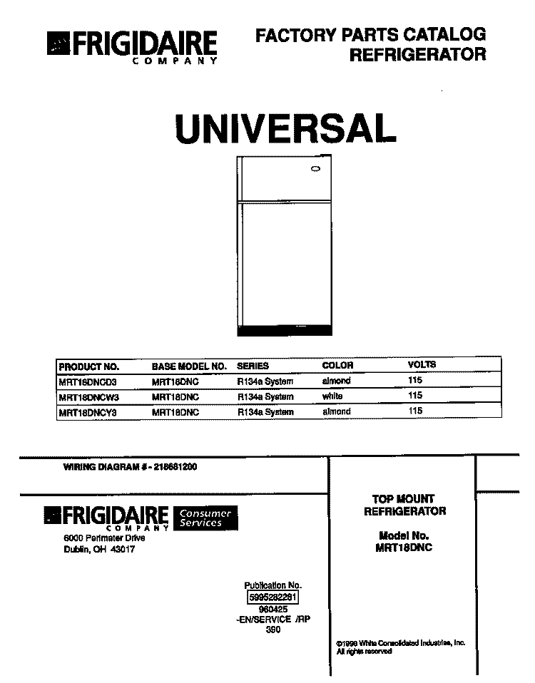COVER Diagram and Parts List for MRT18DNCY3  Frigidaire Refrigerator