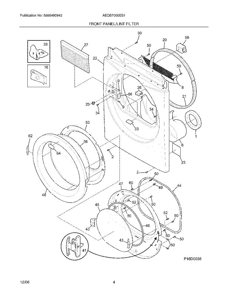 FRONT PANEL / LINT FILTER Diagram and Parts List for AEQB7000ES1  Frigidaire Dryer