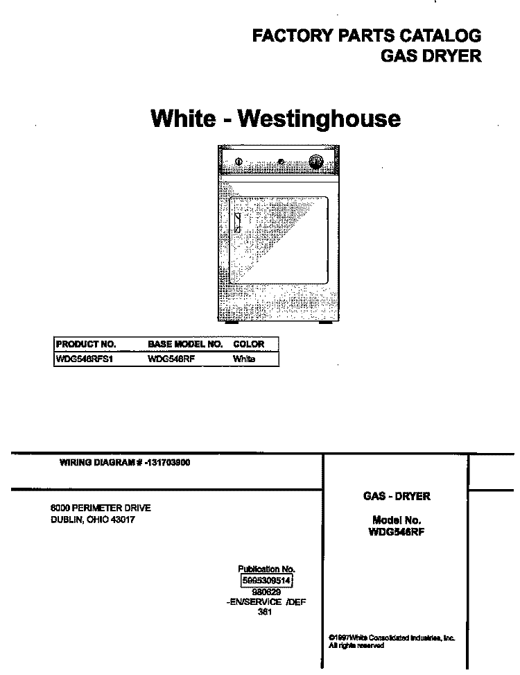 COVER Diagram and Parts List for WDG546RFS1  Frigidaire Dryer