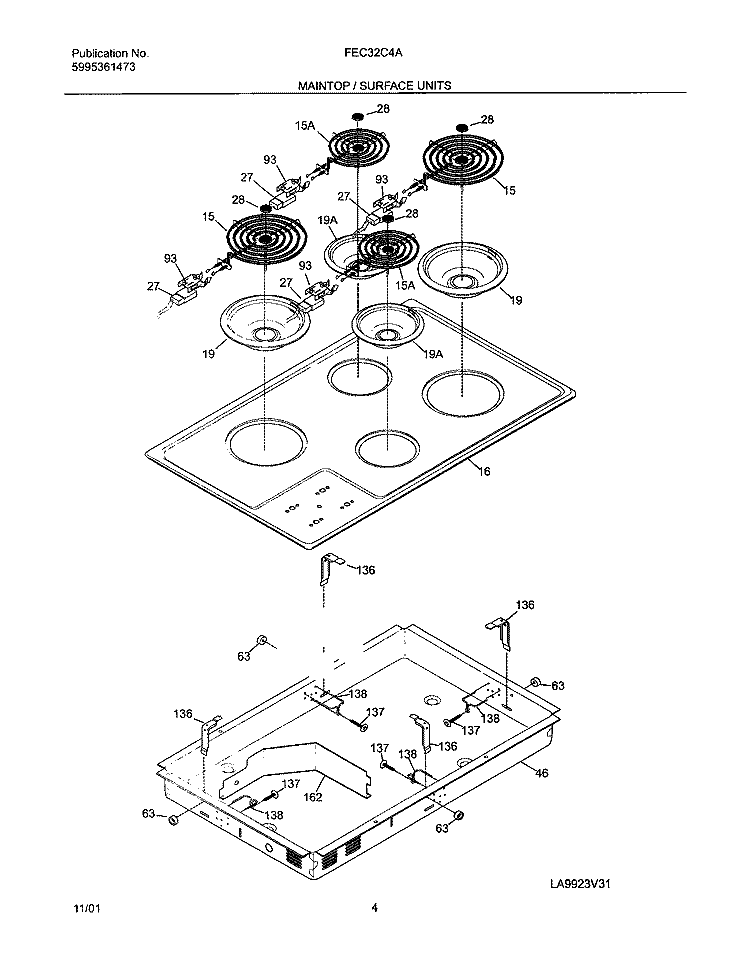 MAINTOP / SURFACE UNITS Diagram and Parts List for FEC32C4ACA  Frigidaire Cooktop