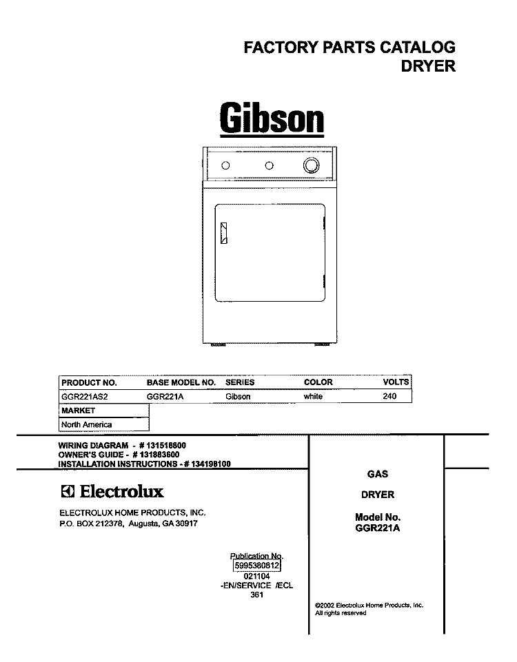 COVER Diagram and Parts List for GGR221AS2  Gibson Dryer