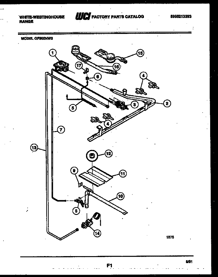 BURNER, MANIFOLD AND GAS CONTROL Diagram and Parts List for GF300NW3  Frigidaire Range