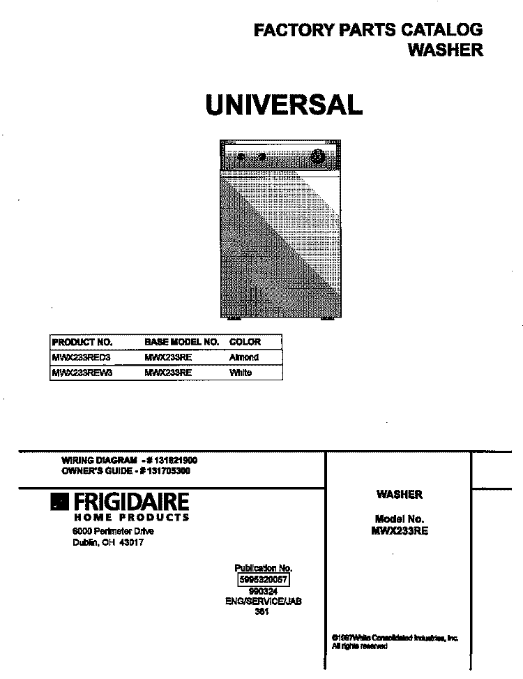 COVER Diagram and Parts List for MWX233RED3  Frigidaire Washer