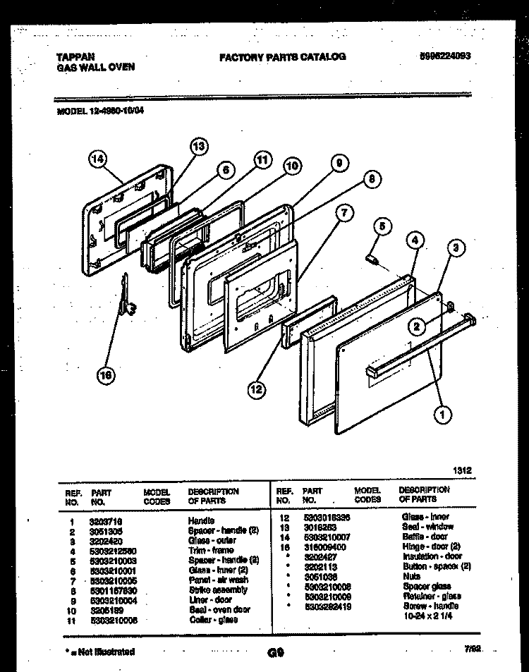 DOOR PARTS Diagram and Parts List for 12-4980-00-04  Tappan Wall Oven