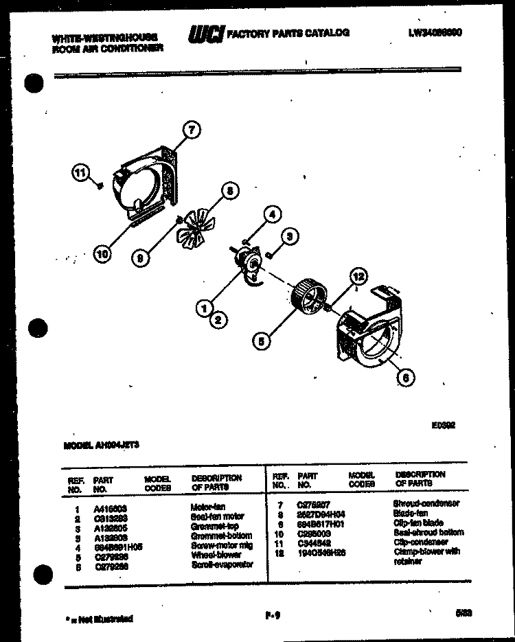 AIR HANDLING PARTS Diagram and Parts List for AH094J2T3  Frigidaire Air Conditioner