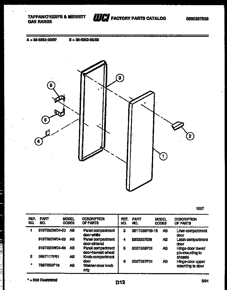 PANEL COMPARTMENT Diagram and Parts List for 36-6262-23-07  Tappan Range