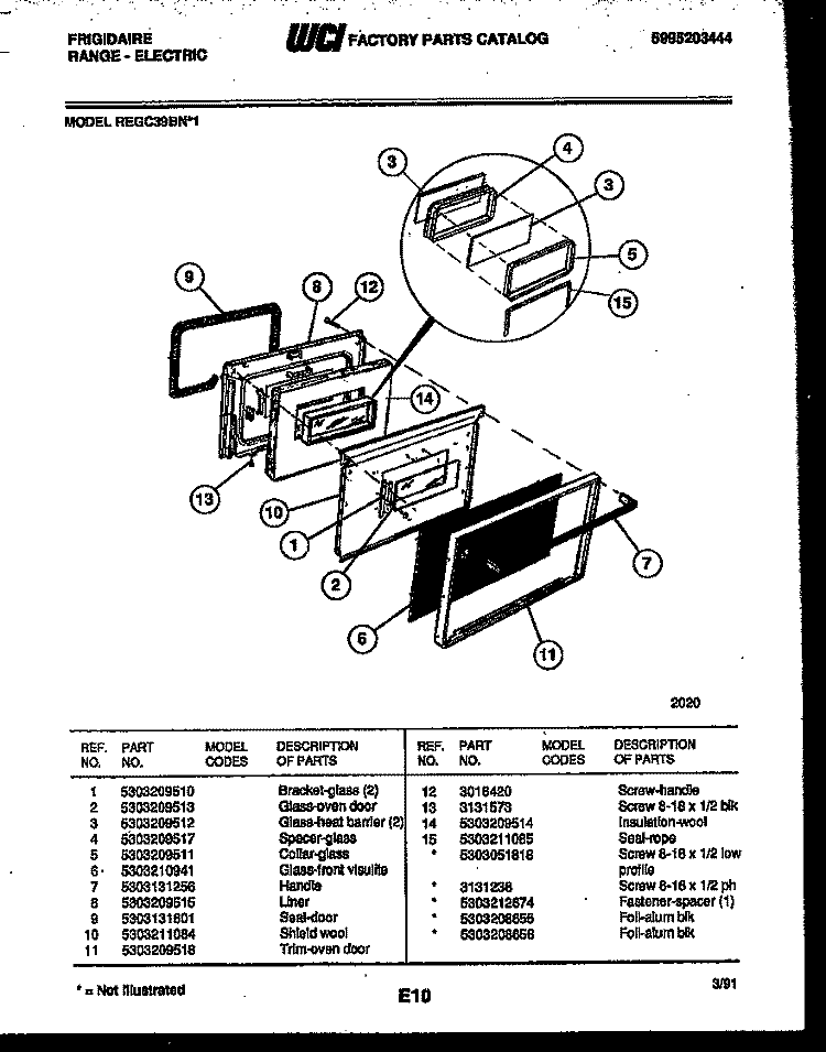 DOOR PARTS Diagram and Parts List for REGC39BNW1  Frigidaire Range