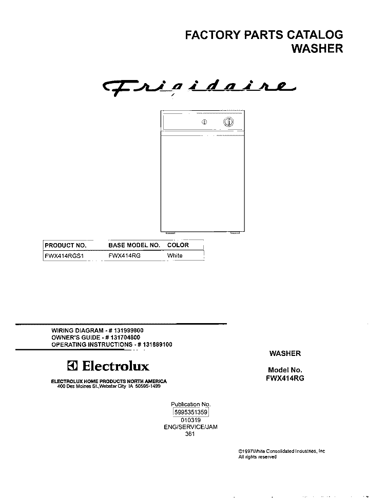COVER Diagram and Parts List for FWX414RGS1  Frigidaire Washer