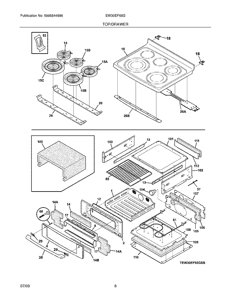 TOP/DRAWER Diagram and Parts List for EW30EF65GWE  Electrolux Range