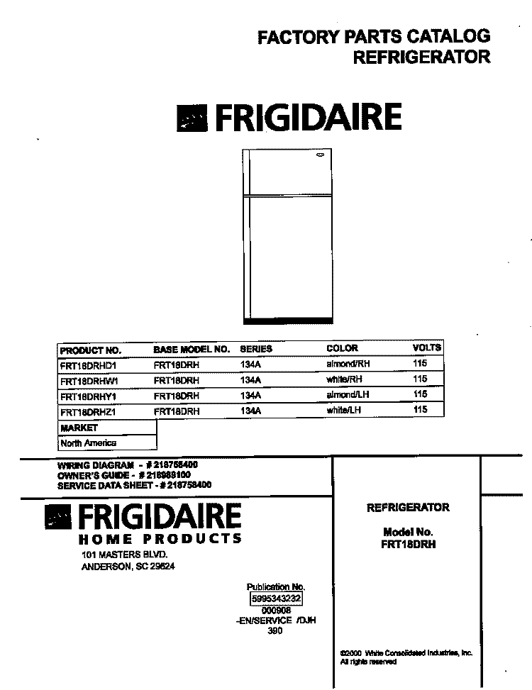 COVER Diagram and Parts List for FRT18DRHY1  Frigidaire Refrigerator