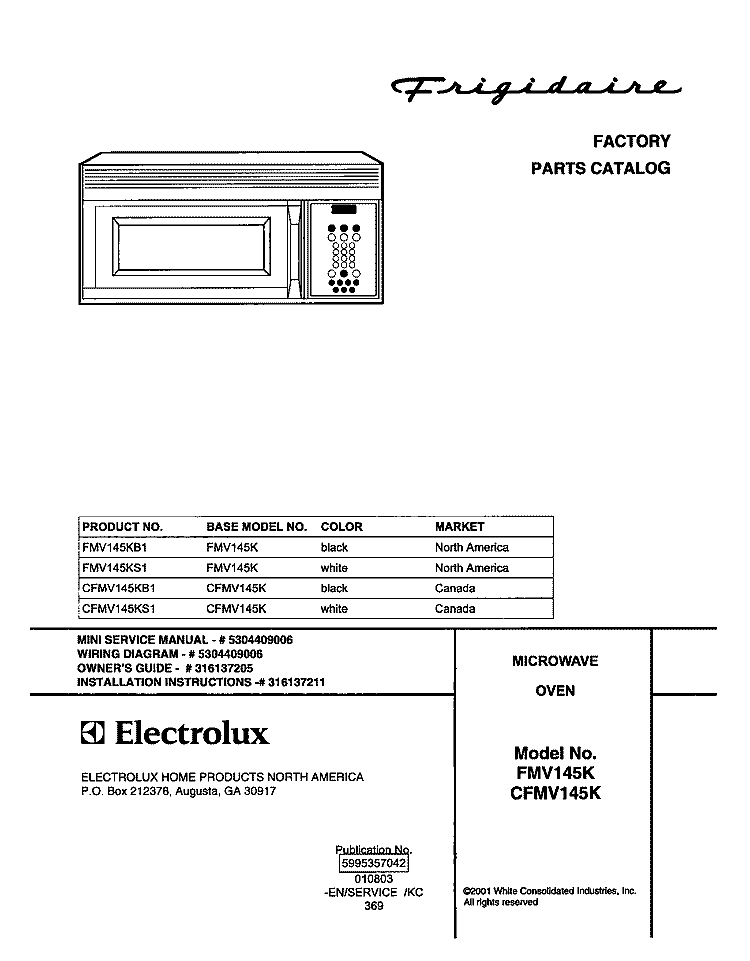 COVER Diagram and Parts List for CFMV145KB1  Frigidaire Microwave