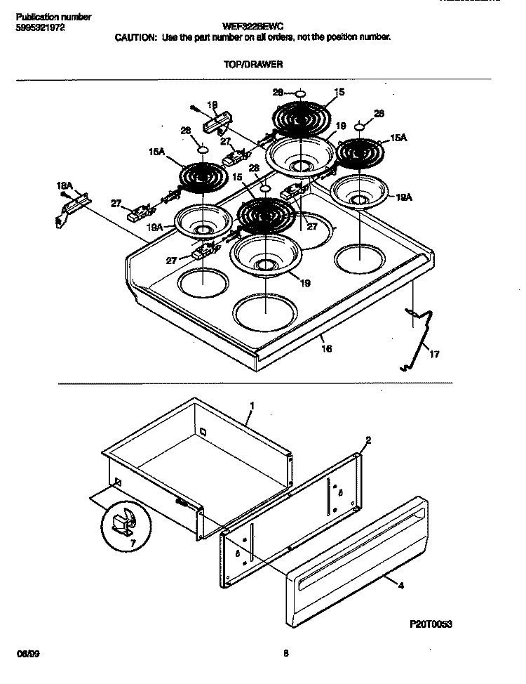 TOP / DRAWER Diagram and Parts List for WEF322BEWC  Frigidaire Range