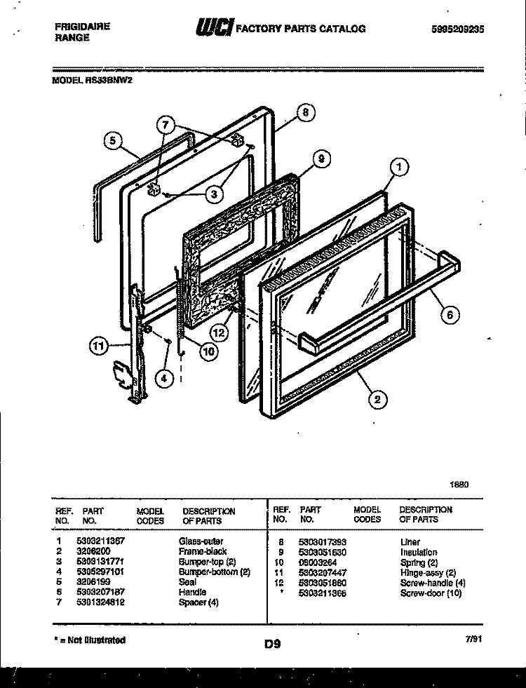 DOOR PARTS Diagram and Parts List for RS33BNL2  Frigidaire Range