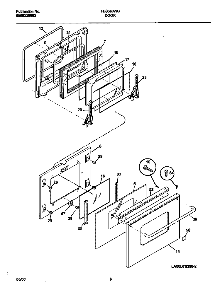 DOOR Diagram and Parts List for FES388WGCJ  Frigidaire Range