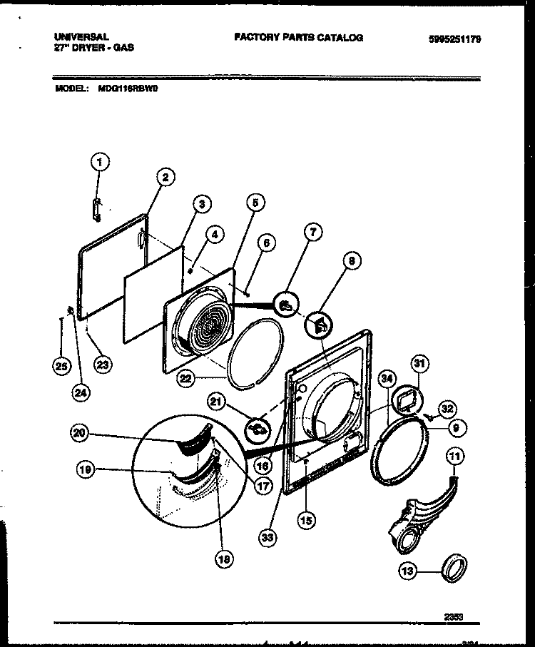 DOOR PARTS Diagram and Parts List for MDG116RBW0  Frigidaire Dryer