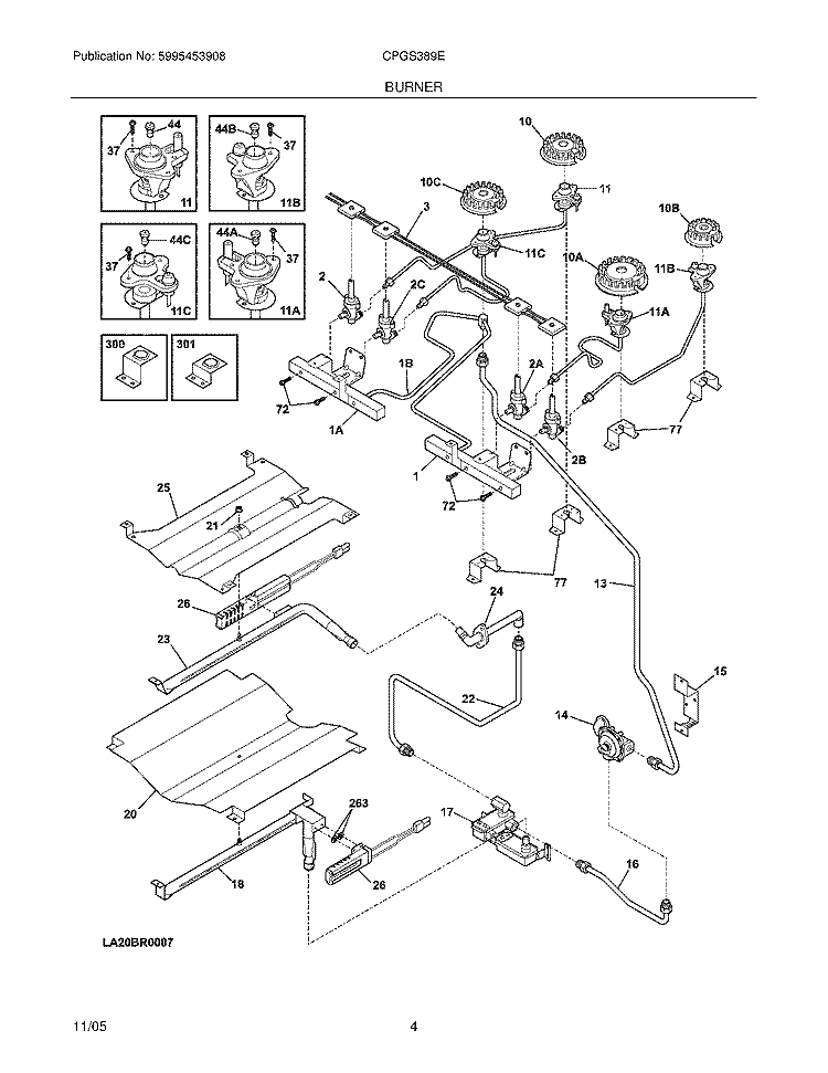 BURNER Diagram and Parts List for CPGS389EC2  Frigidaire Range