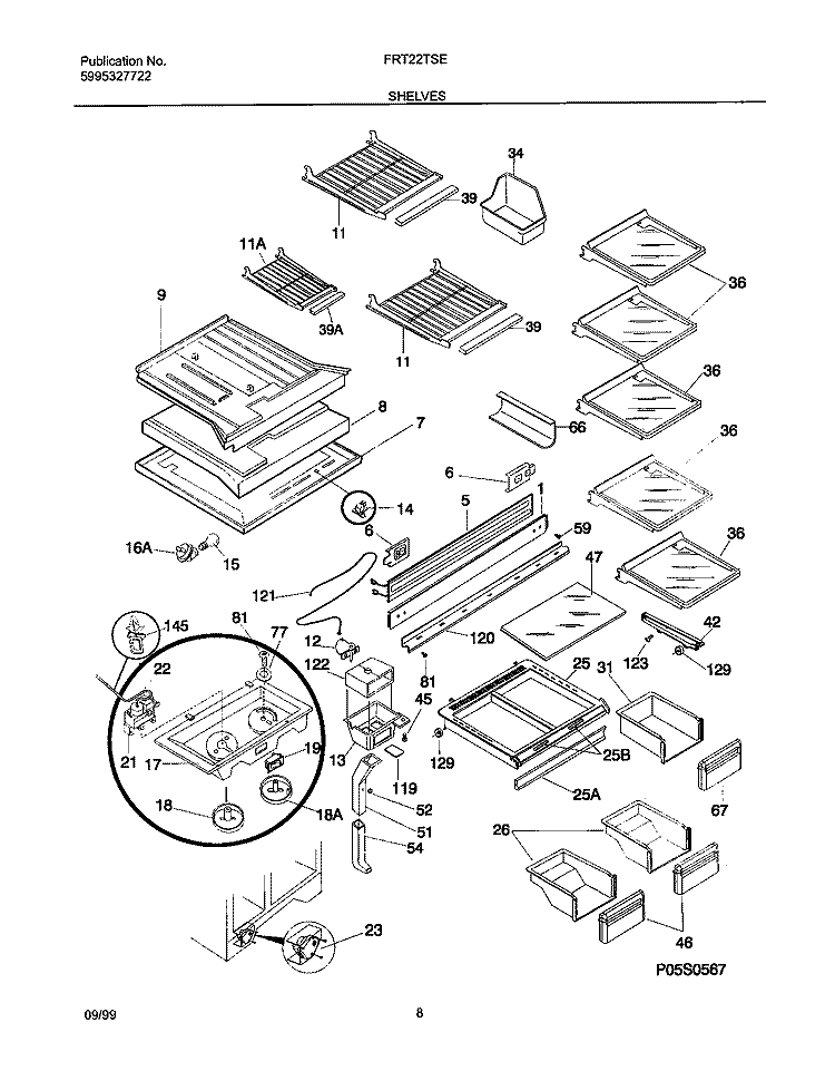SHELVES Diagram and Parts List for FRT22TSEK5  Frigidaire Refrigerator