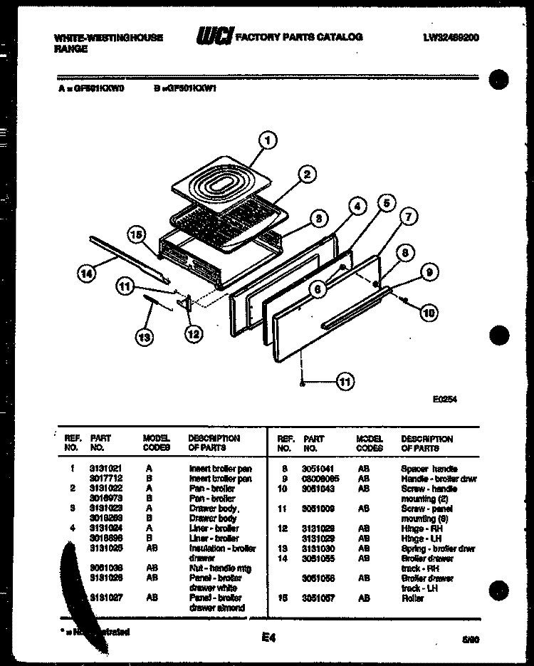 BROILER DRAWER PARTS Diagram and Parts List for GF501KXD0  Frigidaire Range
