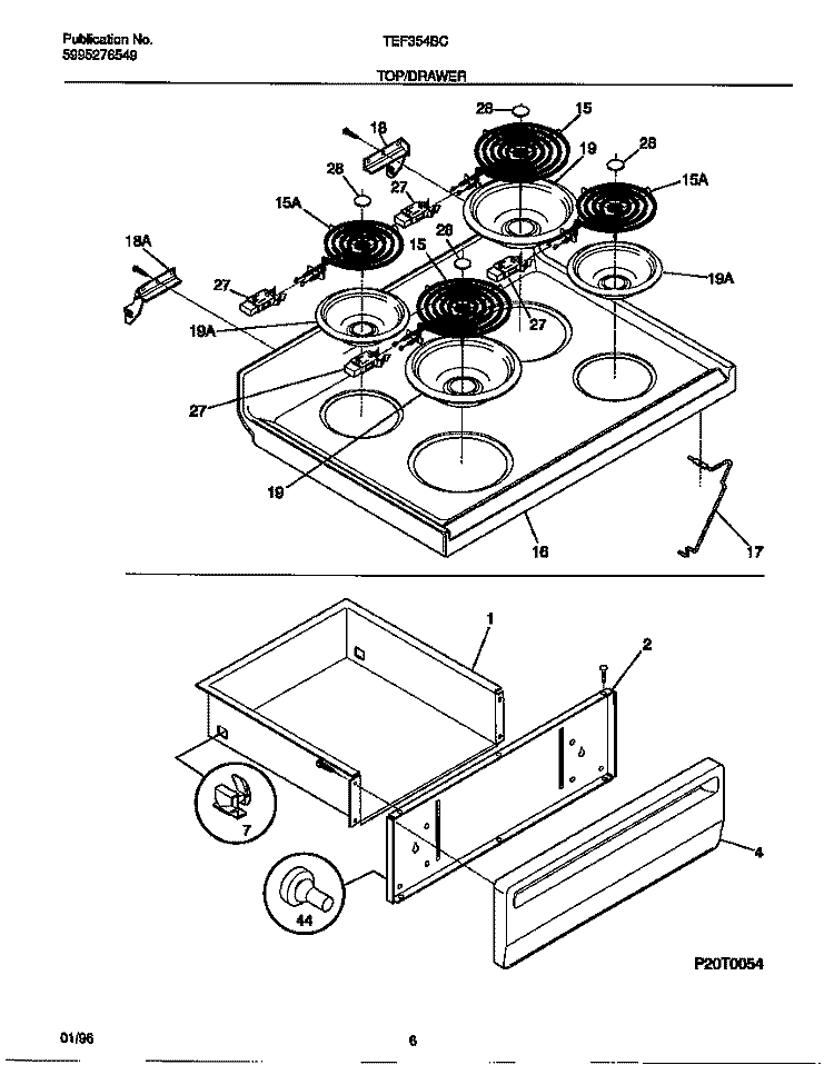 TOP / DRAWER Diagram and Parts List for TEF354BCWB  Tappan Range