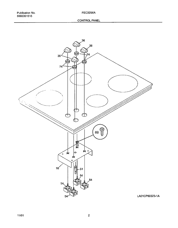 CONTROL PANEL Diagram and Parts List for FEC32S6ASA  Frigidaire Cooktop