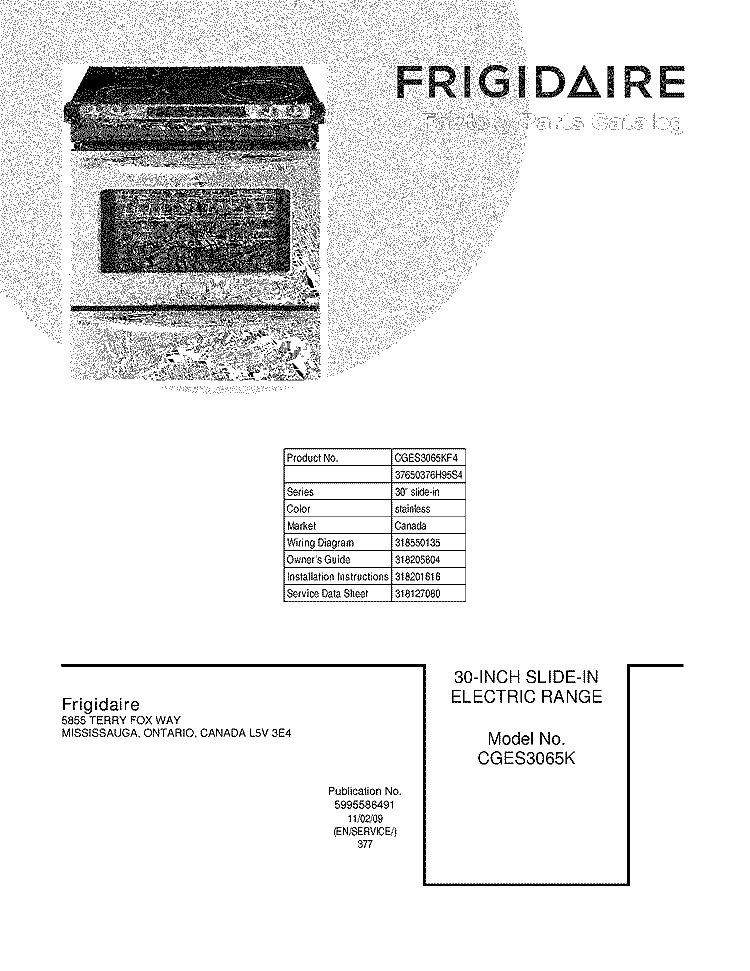 COVER Diagram and Parts List for CGES3065KF4  Frigidaire Wall Oven