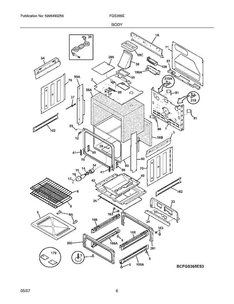 BODY Diagram and Parts List for FGS365EBD  Frigidaire Range