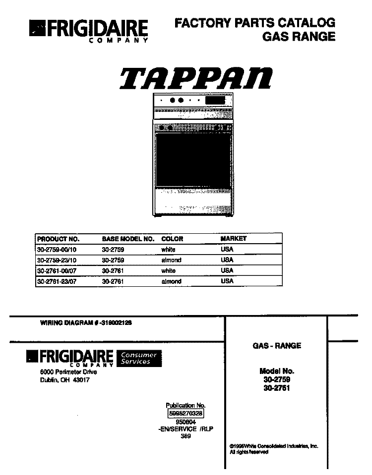 COVER Diagram and Parts List for 30-2759-00-10  Tappan Range