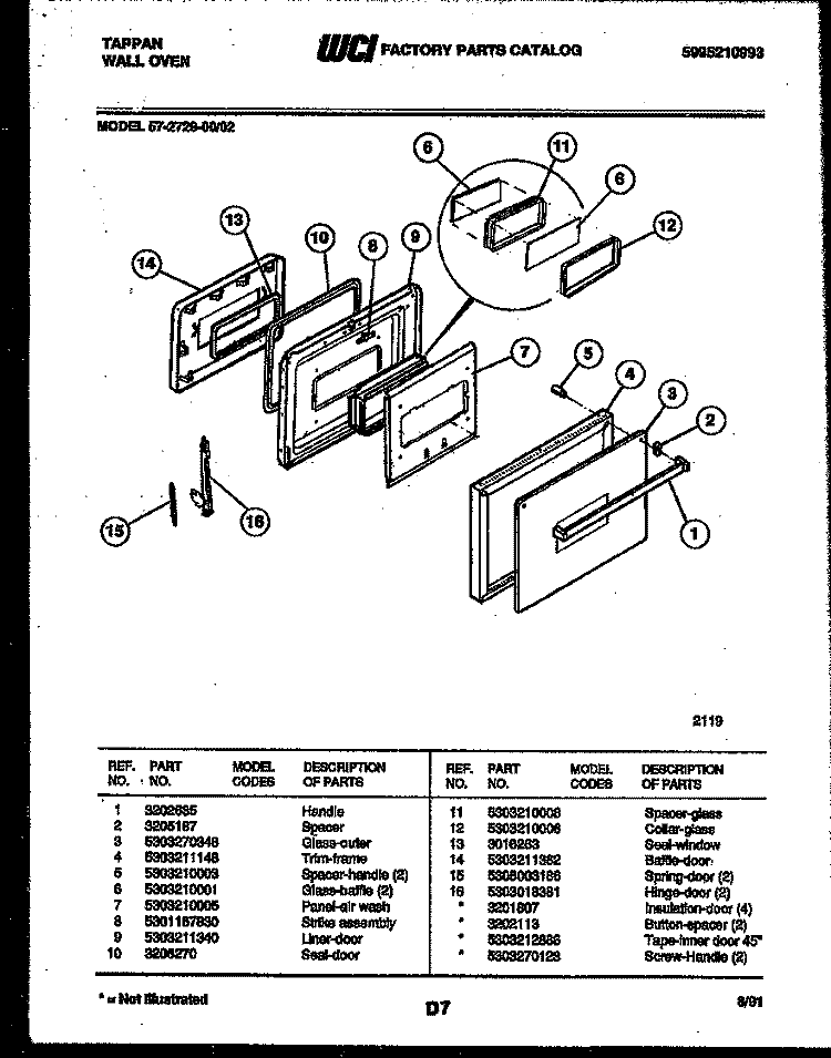LOWER OVEN DOOR PARTS Diagram and Parts List for 57-2729-00-02  Tappan Microwave Oven Combo