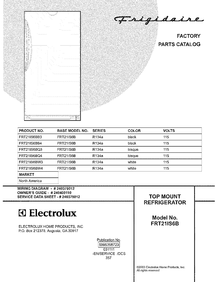 COVER Diagram and Parts List for FRT21IS6BB4  Frigidaire Refrigerator