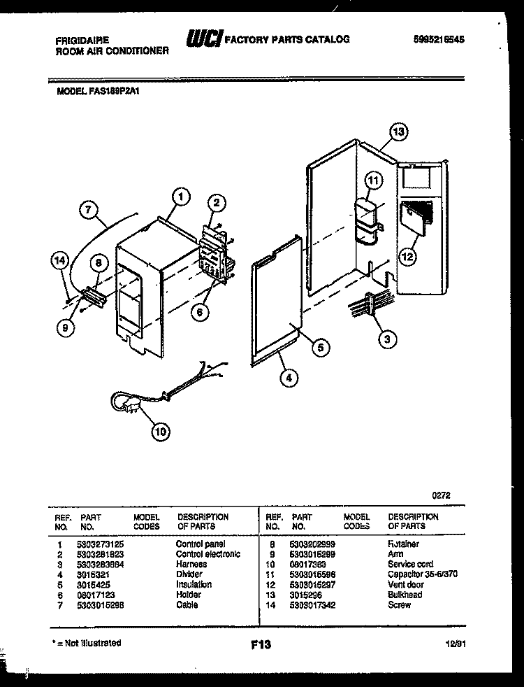 ELECTRICAL PARTS Diagram and Parts List for FAS189P2A1  Frigidaire Air Conditioner
