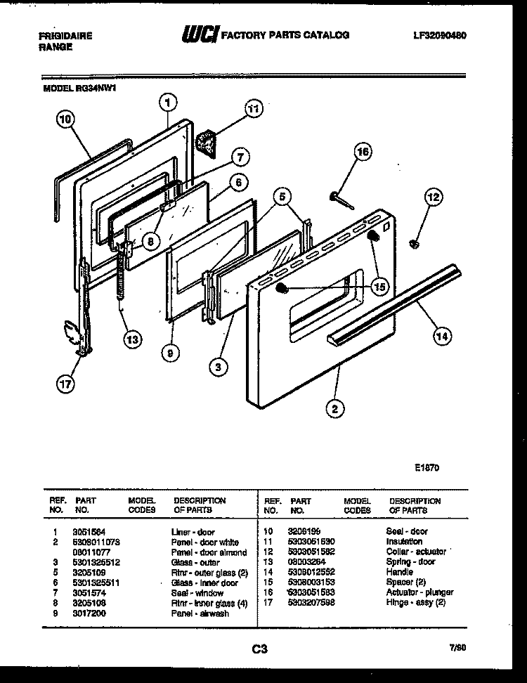 DOOR PARTS Diagram and Parts List for RG34NW1  Frigidaire Range